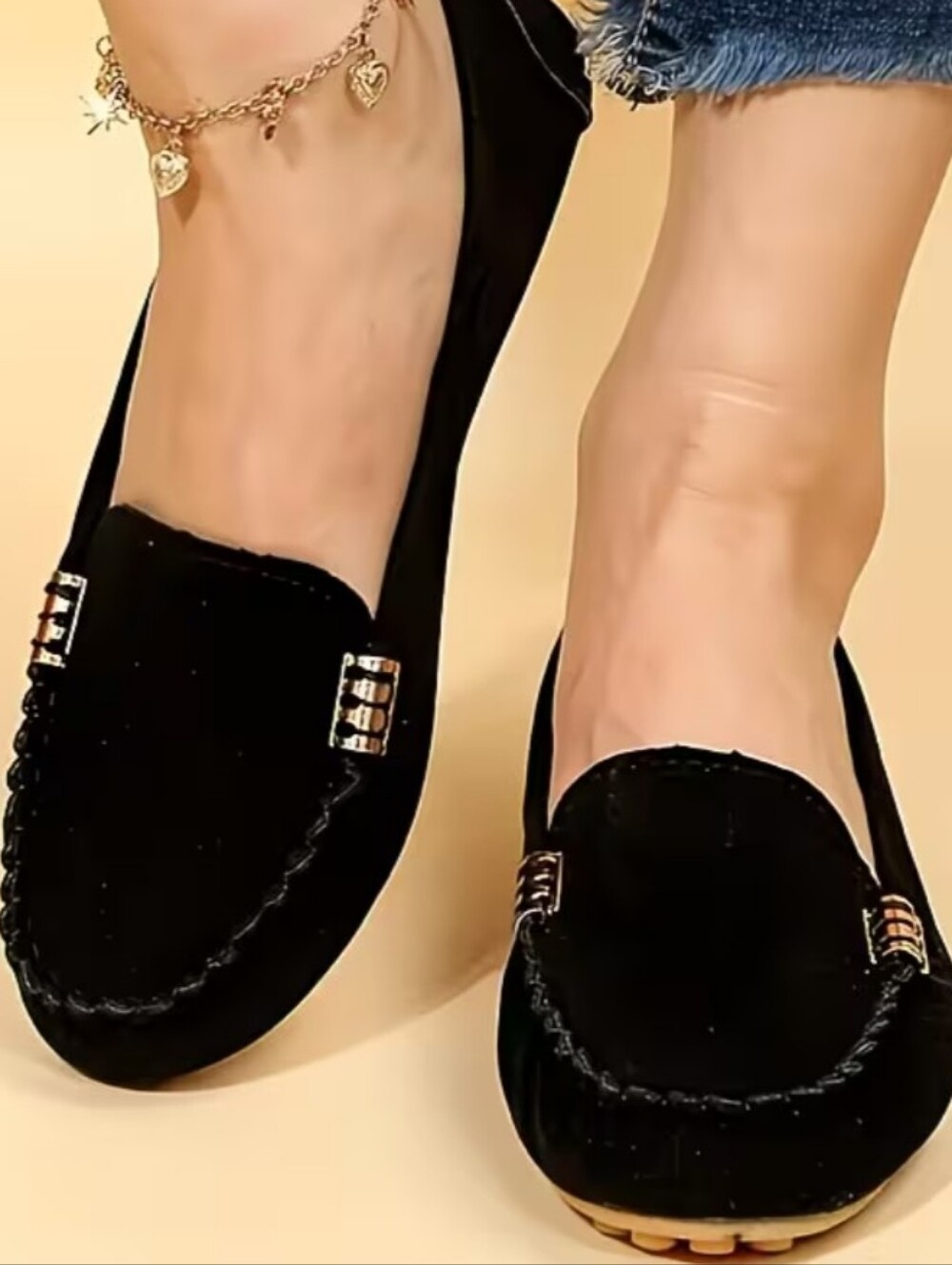 Classic Black Women's Slip-On Loafers with Gold Accent (9) NEW
